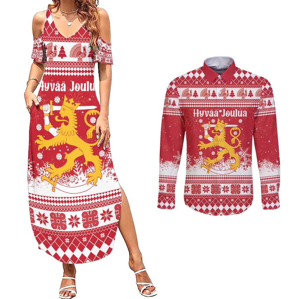 Finland Christmas Hannunvaakuna Couples Matching Summer Maxi Dress and Long Sleeve Button Shirt Hyvaa Joulua Nordic Snow Lion Red Version - Wonder Print Shop