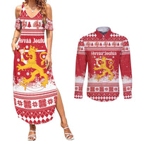 Finland Christmas Hannunvaakuna Couples Matching Summer Maxi Dress and Long Sleeve Button Shirt Hyvaa Joulua Nordic Snow Lion Red Version - Wonder Print Shop