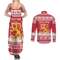 Finland Christmas Hannunvaakuna Couples Matching Summer Maxi Dress and Long Sleeve Button Shirt Hyvaa Joulua Nordic Snow Lion Red Version - Wonder Print Shop