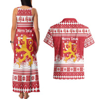 Finland Christmas Hannunvaakuna Couples Matching Tank Maxi Dress and Hawaiian Shirt Hyvaa Joulua Nordic Snow Lion Red Version - Wonder Print Shop