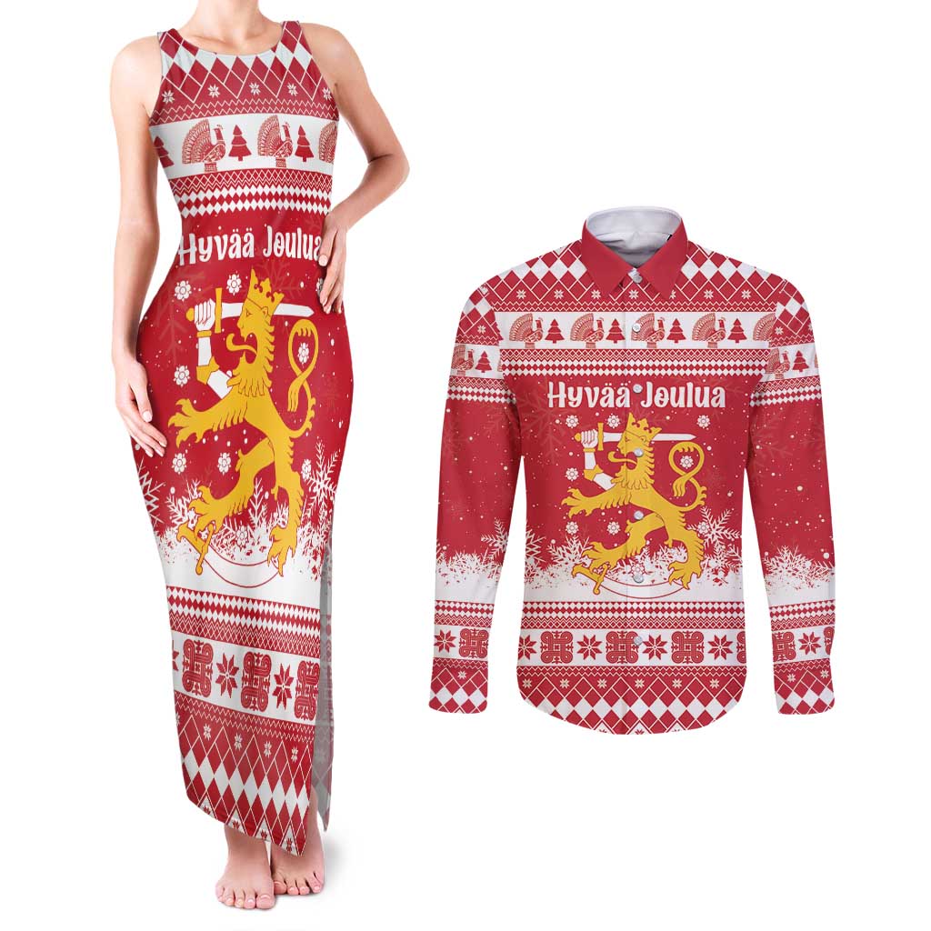 Finland Christmas Hannunvaakuna Couples Matching Tank Maxi Dress and Long Sleeve Button Shirt Hyvaa Joulua Nordic Snow Lion Red Version - Wonder Print Shop