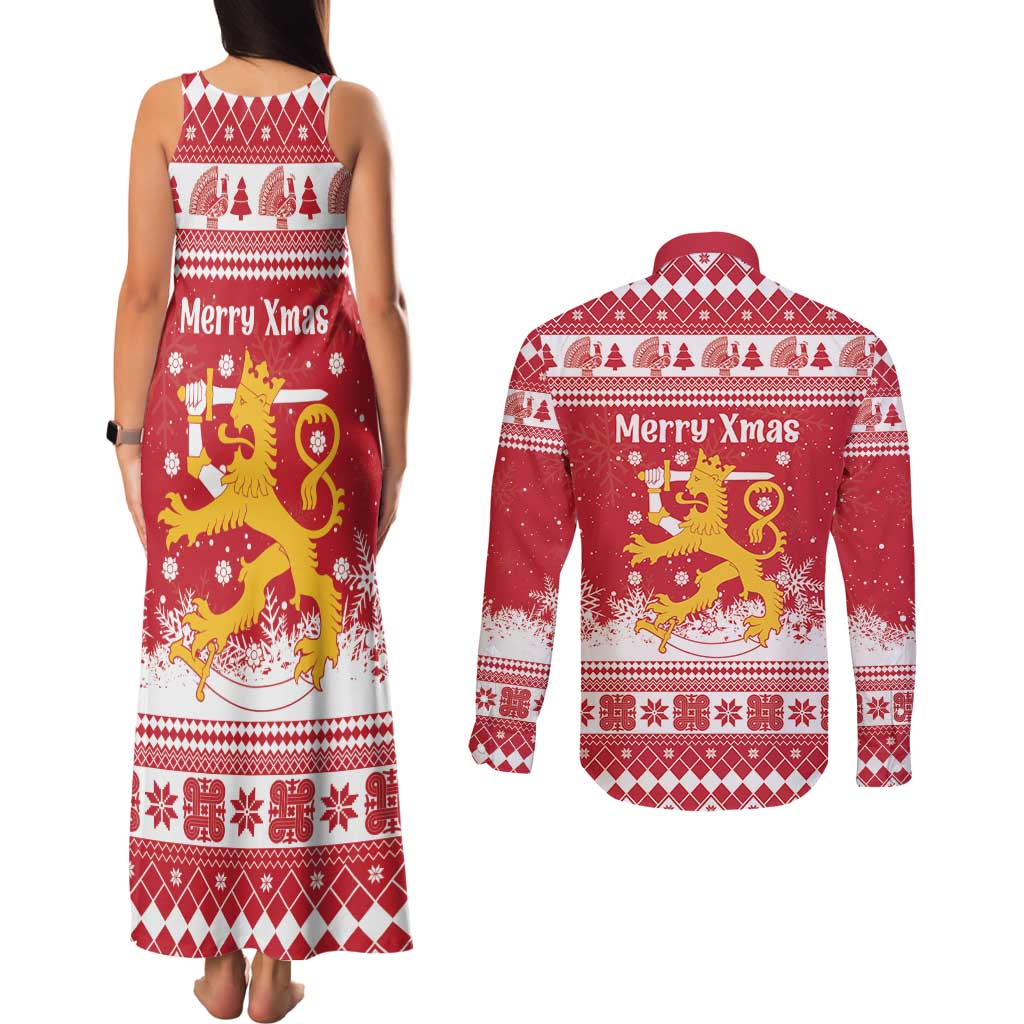 Finland Christmas Hannunvaakuna Couples Matching Tank Maxi Dress and Long Sleeve Button Shirt Hyvaa Joulua Nordic Snow Lion Red Version - Wonder Print Shop