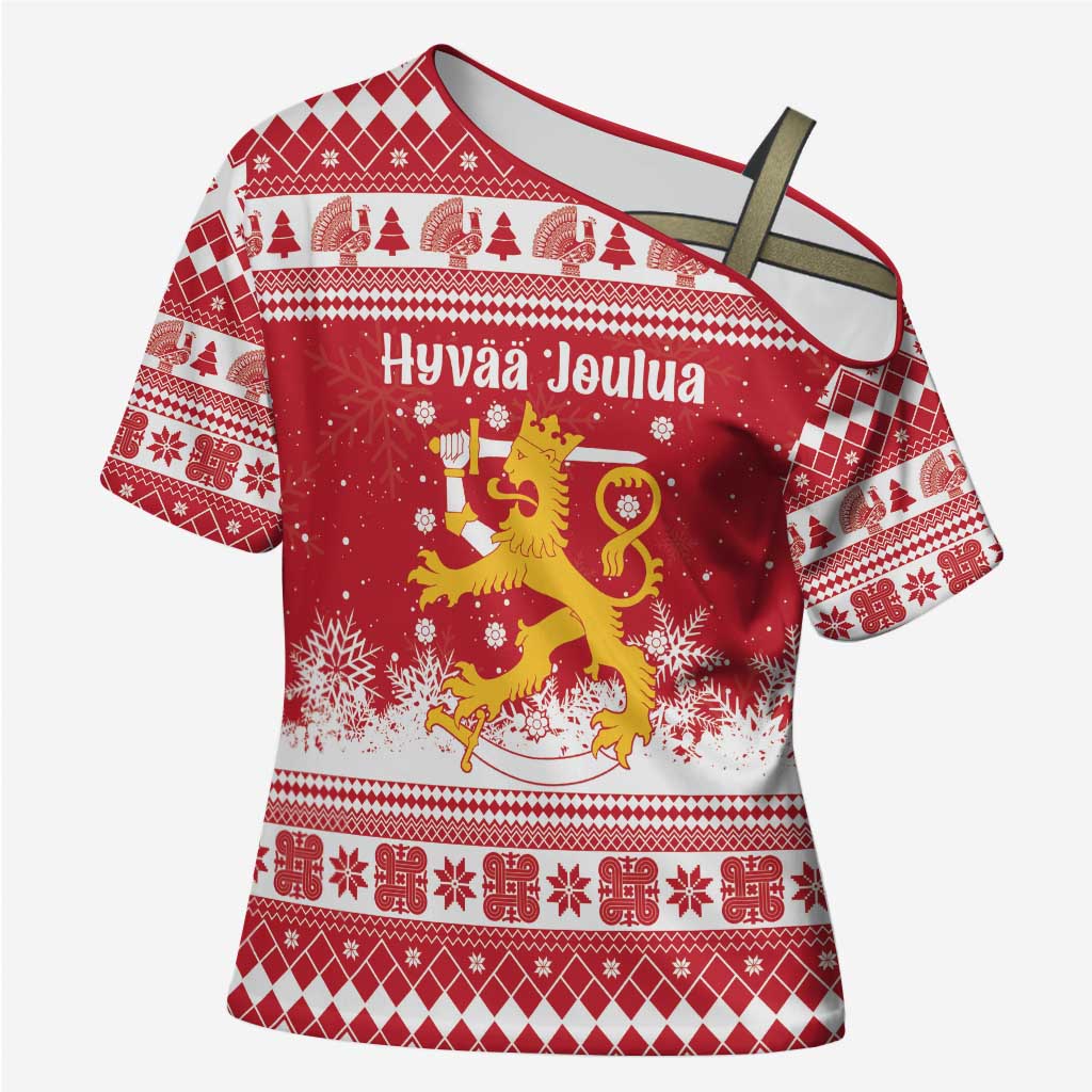 Finland Christmas Hannunvaakuna Cross Shoulder Shirt Hyvaa Joulua Nordic Snow Lion Red Version - Wonder Print Shop