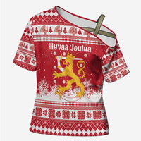 Finland Christmas Hannunvaakuna Cross Shoulder Shirt Hyvaa Joulua Nordic Snow Lion Red Version - Wonder Print Shop