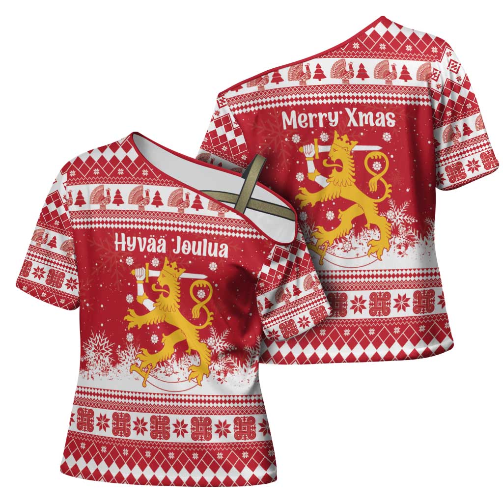 Finland Christmas Hannunvaakuna Cross Shoulder Shirt Hyvaa Joulua Nordic Snow Lion Red Version - Wonder Print Shop
