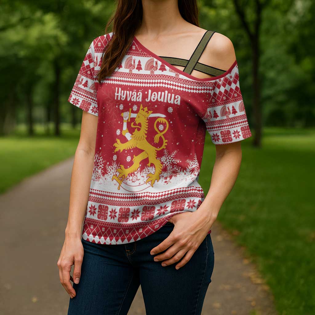Finland Christmas Hannunvaakuna Cross Shoulder Shirt Hyvaa Joulua Nordic Snow Lion Red Version - Wonder Print Shop