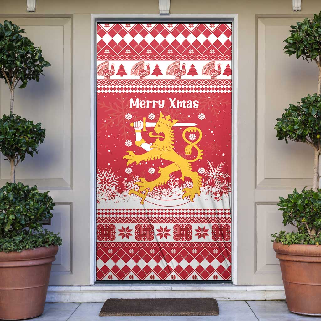 Finland Christmas Hannunvaakuna Door Cover Hyvaa Joulua Nordic Snow Lion Red Version - Wonder Print Shop