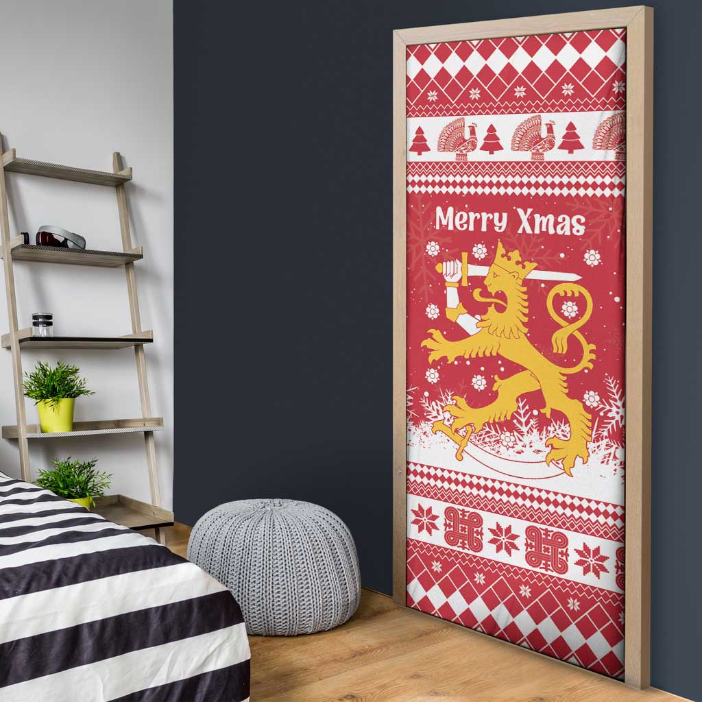 Finland Christmas Hannunvaakuna Door Cover Hyvaa Joulua Nordic Snow Lion Red Version - Wonder Print Shop