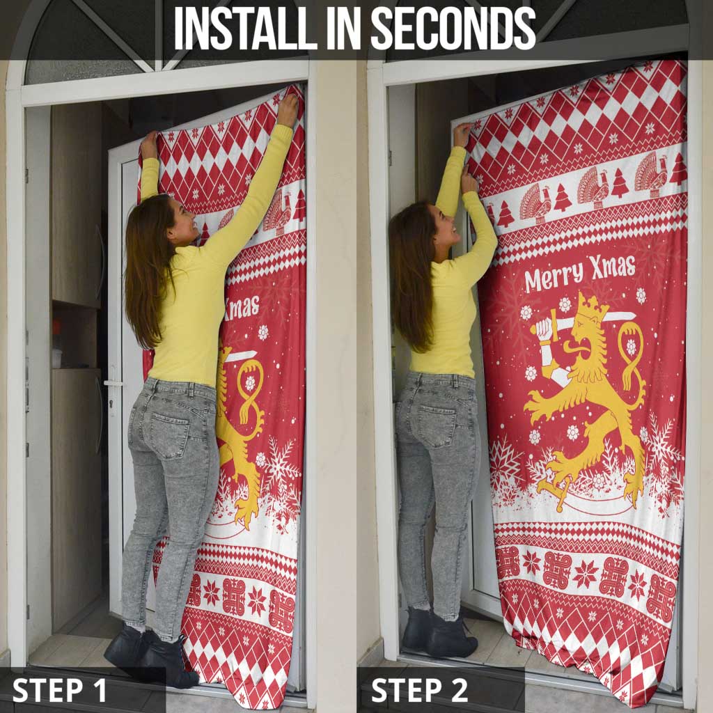 Finland Christmas Hannunvaakuna Door Cover Hyvaa Joulua Nordic Snow Lion Red Version - Wonder Print Shop