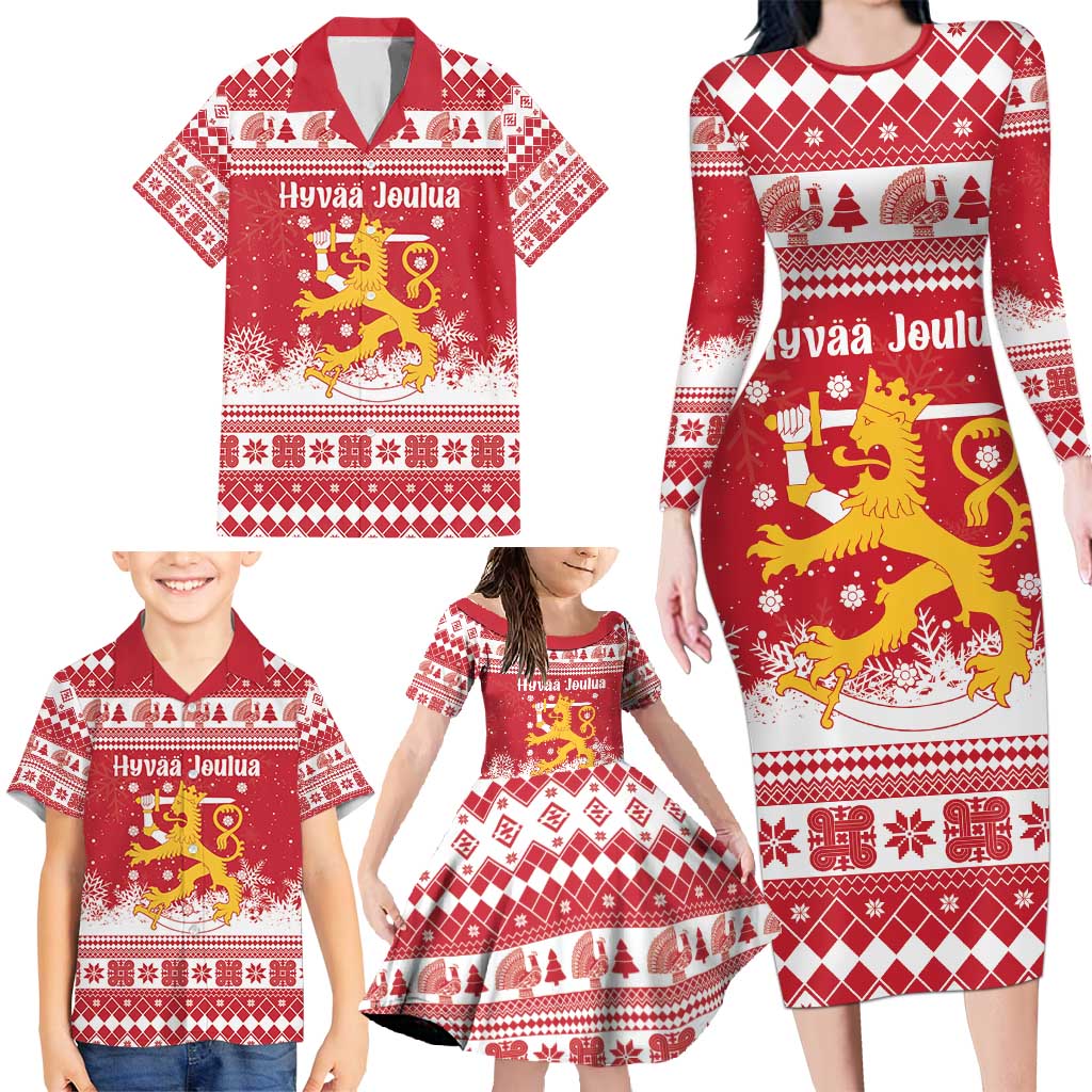 Finland Christmas Hannunvaakuna Family Matching Long Sleeve Bodycon Dress and Hawaiian Shirt Hyvaa Joulua Nordic Snow Lion Red Version - Wonder Print Shop