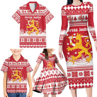 Finland Christmas Hannunvaakuna Family Matching Long Sleeve Bodycon Dress and Hawaiian Shirt Hyvaa Joulua Nordic Snow Lion Red Version - Wonder Print Shop