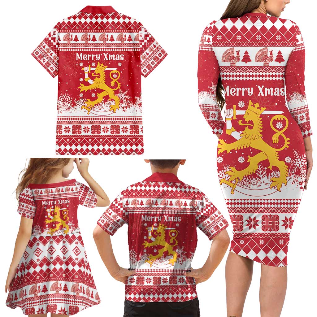 Finland Christmas Hannunvaakuna Family Matching Long Sleeve Bodycon Dress and Hawaiian Shirt Hyvaa Joulua Nordic Snow Lion Red Version - Wonder Print Shop