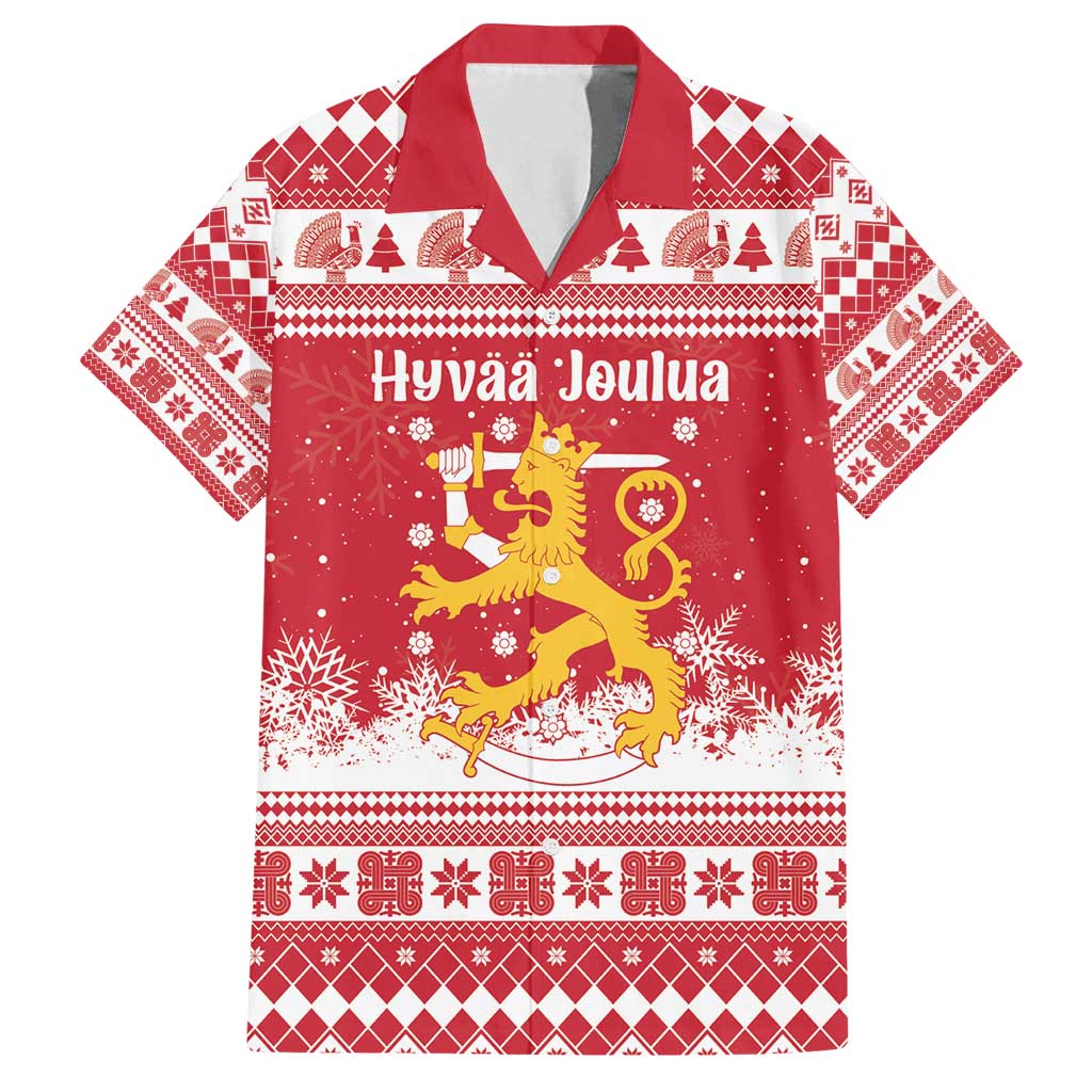 Finland Christmas Hannunvaakuna Family Matching Long Sleeve Bodycon Dress and Hawaiian Shirt Hyvaa Joulua Nordic Snow Lion Red Version - Wonder Print Shop
