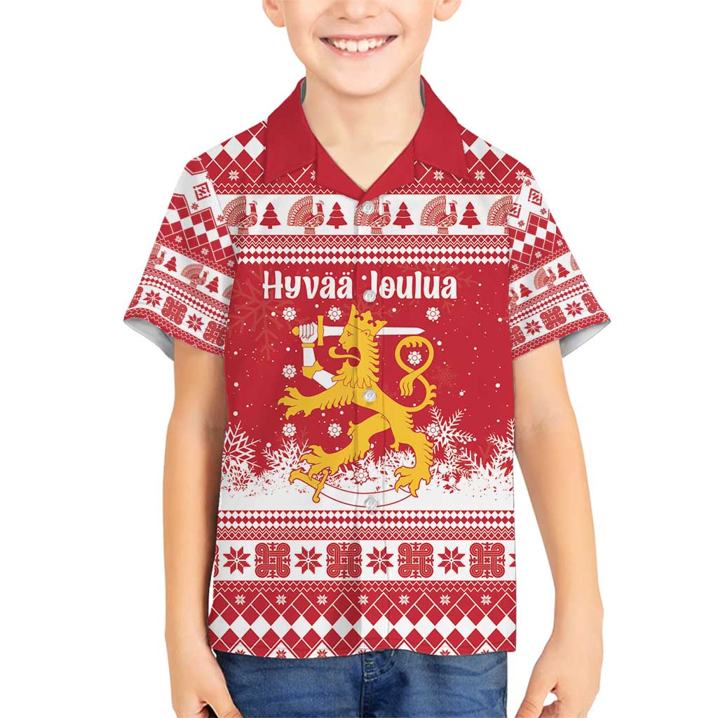 Finland Christmas Hannunvaakuna Family Matching Long Sleeve Bodycon Dress and Hawaiian Shirt Hyvaa Joulua Nordic Snow Lion Red Version - Wonder Print Shop