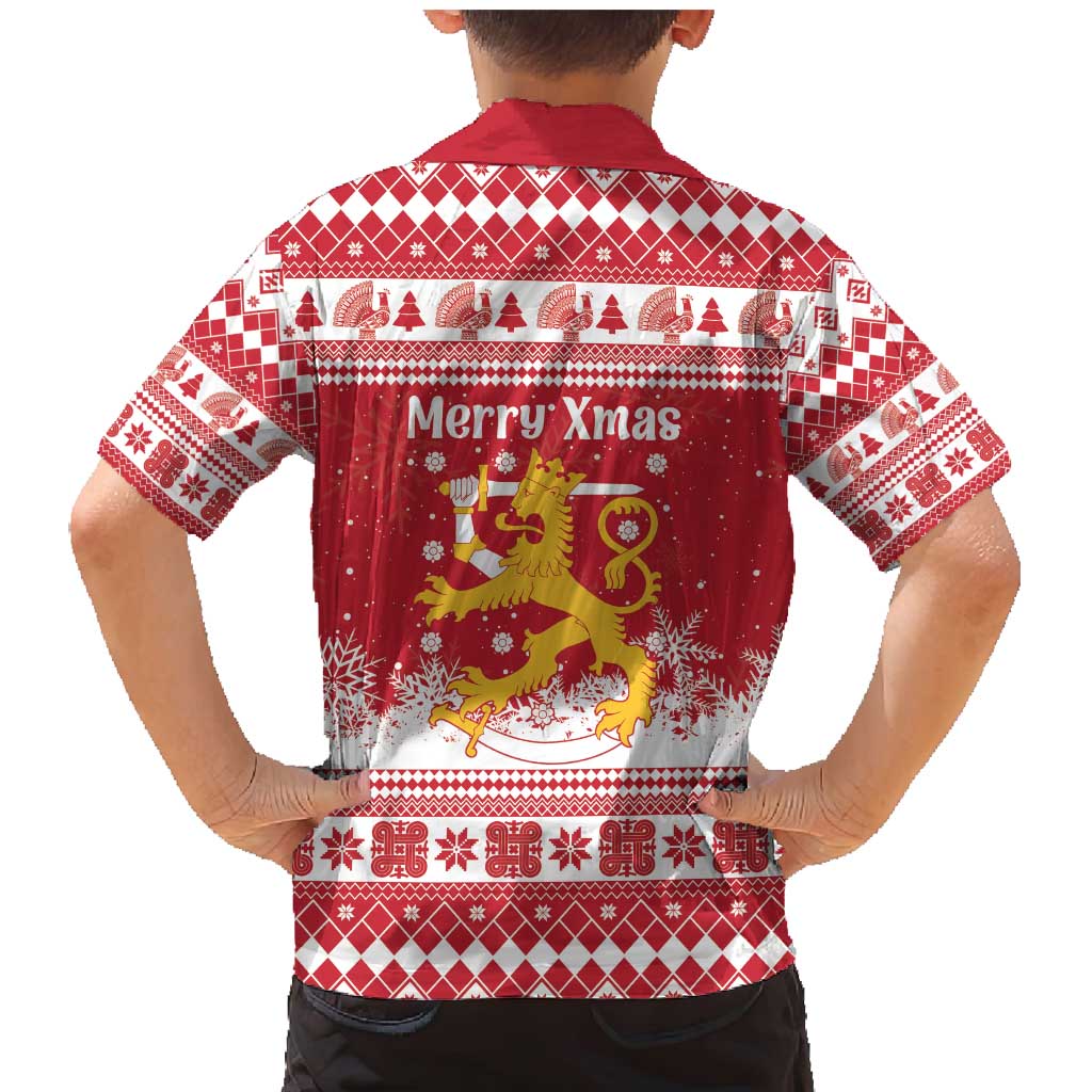 Finland Christmas Hannunvaakuna Family Matching Mermaid Dress and Hawaiian Shirt Hyvaa Joulua Nordic Snow Lion Red Version - Wonder Print Shop