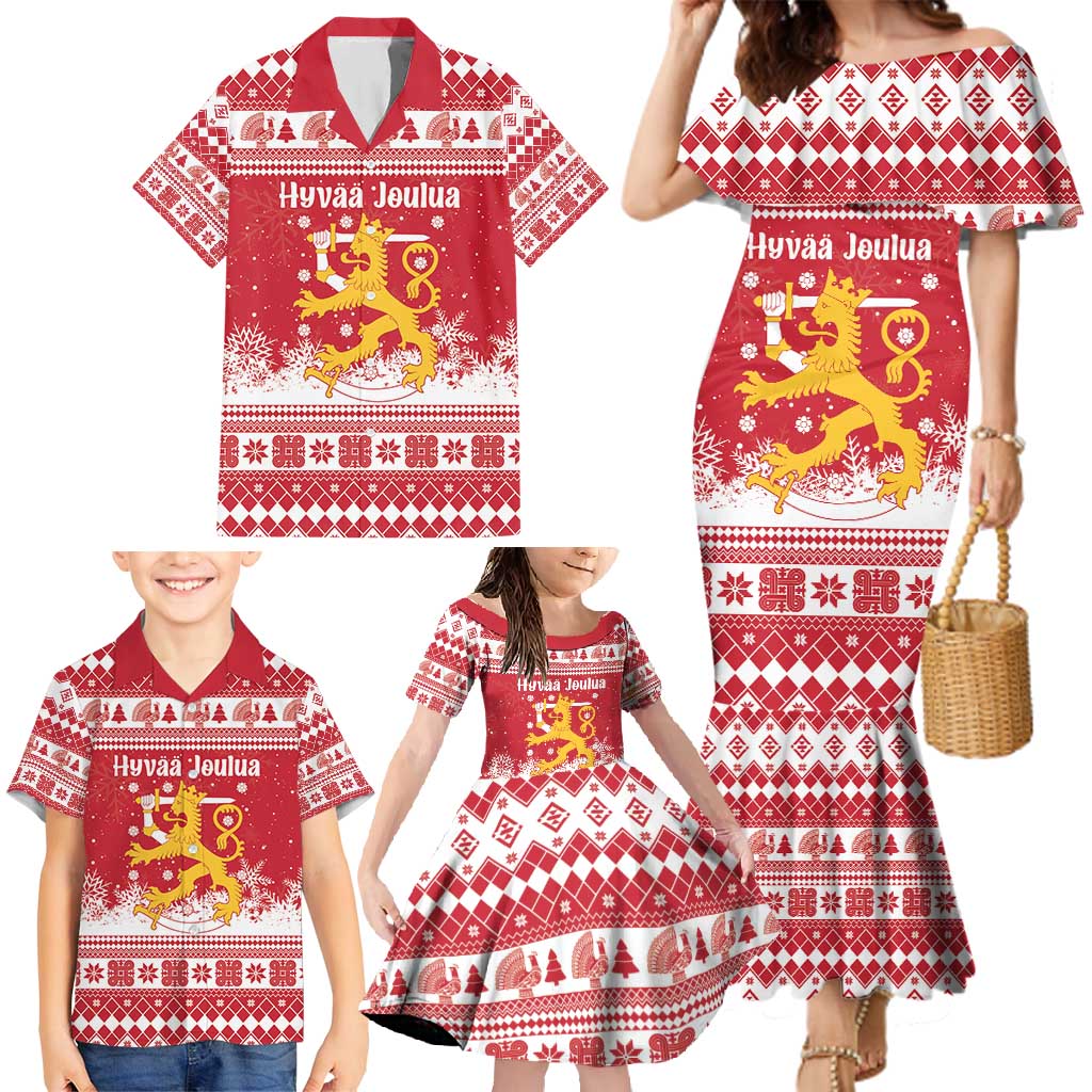 Finland Christmas Hannunvaakuna Family Matching Mermaid Dress and Hawaiian Shirt Hyvaa Joulua Nordic Snow Lion Red Version - Wonder Print Shop