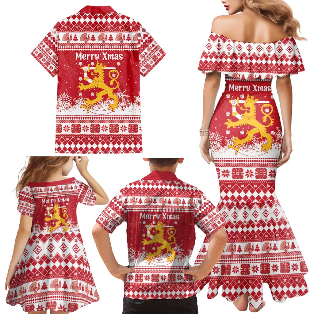 Finland Christmas Hannunvaakuna Family Matching Mermaid Dress and Hawaiian Shirt Hyvaa Joulua Nordic Snow Lion Red Version - Wonder Print Shop