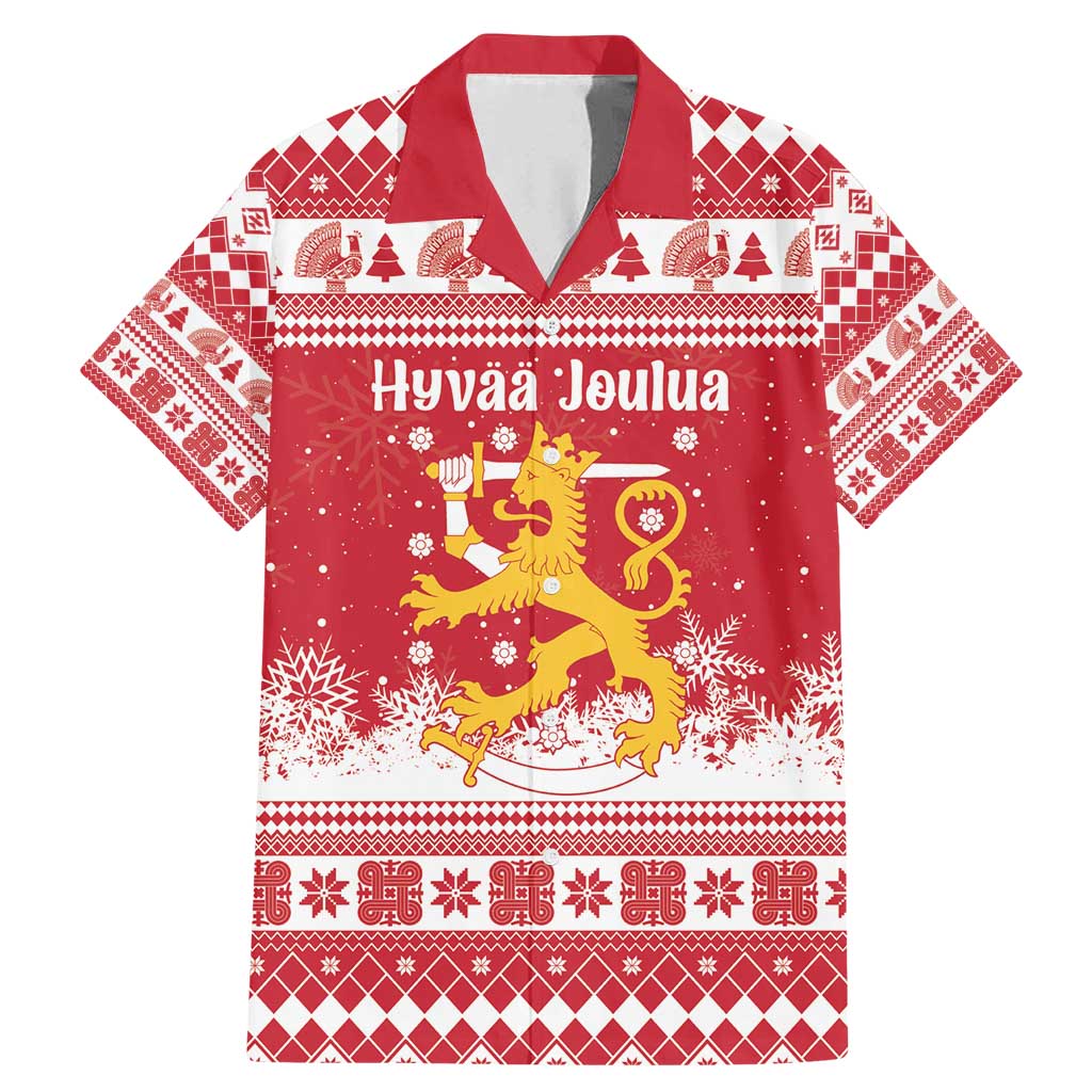 Finland Christmas Hannunvaakuna Family Matching Mermaid Dress and Hawaiian Shirt Hyvaa Joulua Nordic Snow Lion Red Version - Wonder Print Shop