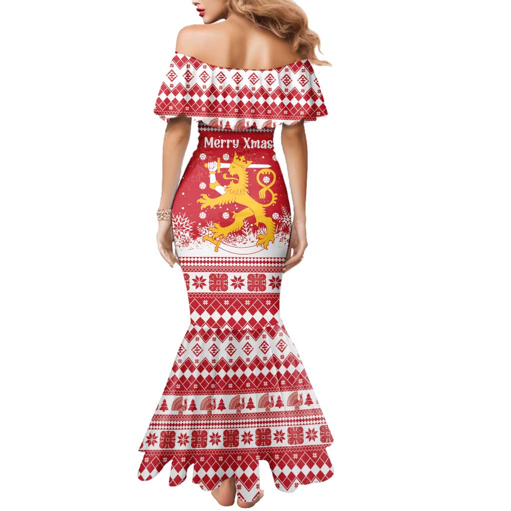 Finland Christmas Hannunvaakuna Family Matching Mermaid Dress and Hawaiian Shirt Hyvaa Joulua Nordic Snow Lion Red Version - Wonder Print Shop