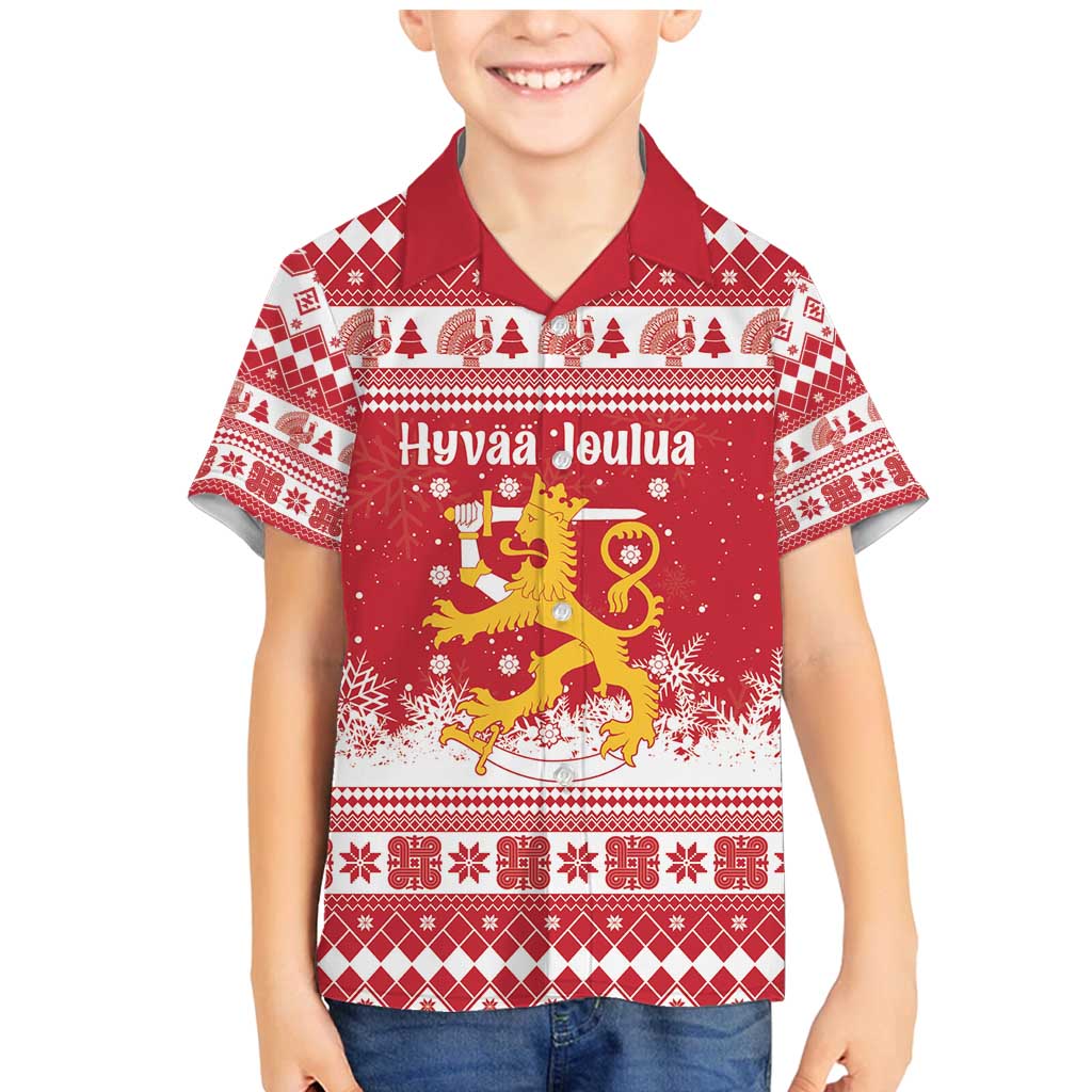 Finland Christmas Hannunvaakuna Family Matching Mermaid Dress and Hawaiian Shirt Hyvaa Joulua Nordic Snow Lion Red Version - Wonder Print Shop