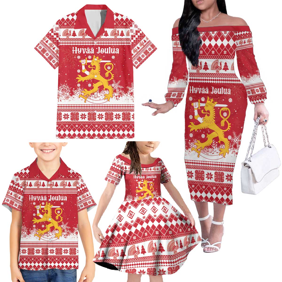 Finland Christmas Hannunvaakuna Family Matching Off The Shoulder Long Sleeve Dress and Hawaiian Shirt Hyvaa Joulua Nordic Snow Lion Red Version - Wonder Print Shop