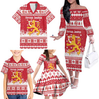Finland Christmas Hannunvaakuna Family Matching Off The Shoulder Long Sleeve Dress and Hawaiian Shirt Hyvaa Joulua Nordic Snow Lion Red Version - Wonder Print Shop