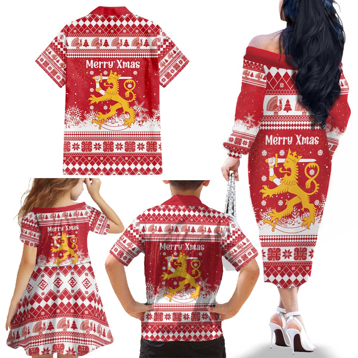 Finland Christmas Hannunvaakuna Family Matching Off The Shoulder Long Sleeve Dress and Hawaiian Shirt Hyvaa Joulua Nordic Snow Lion Red Version - Wonder Print Shop