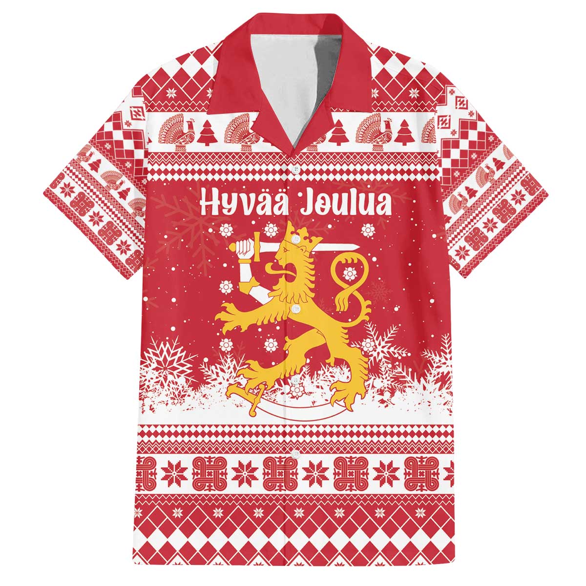 Finland Christmas Hannunvaakuna Family Matching Off The Shoulder Long Sleeve Dress and Hawaiian Shirt Hyvaa Joulua Nordic Snow Lion Red Version - Wonder Print Shop