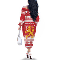 Finland Christmas Hannunvaakuna Family Matching Off The Shoulder Long Sleeve Dress and Hawaiian Shirt Hyvaa Joulua Nordic Snow Lion Red Version - Wonder Print Shop