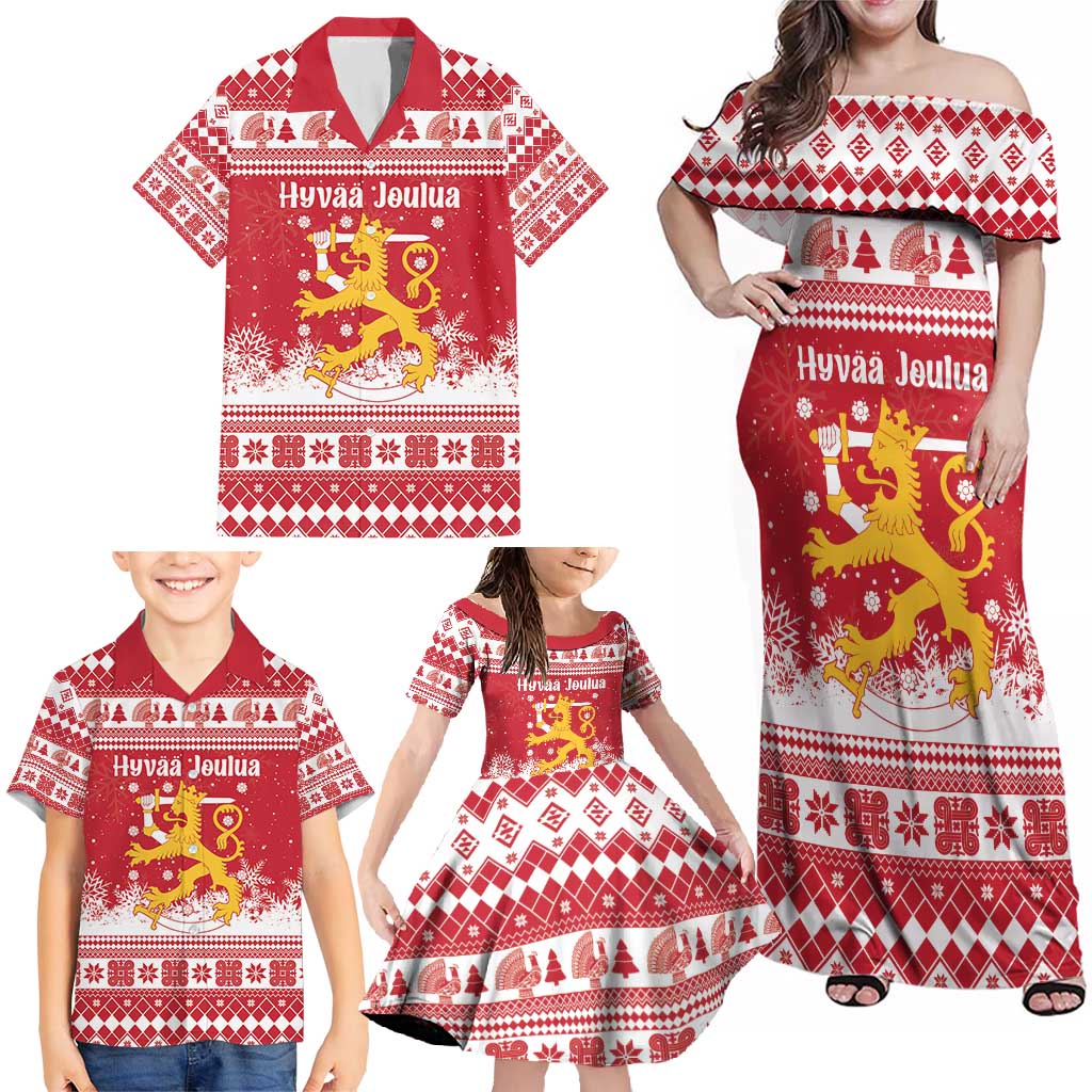 Finland Christmas Hannunvaakuna Family Matching Off Shoulder Maxi Dress and Hawaiian Shirt Hyvaa Joulua Nordic Snow Lion Red Version - Wonder Print Shop