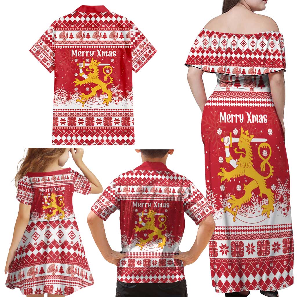 Finland Christmas Hannunvaakuna Family Matching Off Shoulder Maxi Dress and Hawaiian Shirt Hyvaa Joulua Nordic Snow Lion Red Version - Wonder Print Shop