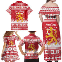 Finland Christmas Hannunvaakuna Family Matching Off Shoulder Maxi Dress and Hawaiian Shirt Hyvaa Joulua Nordic Snow Lion Red Version - Wonder Print Shop