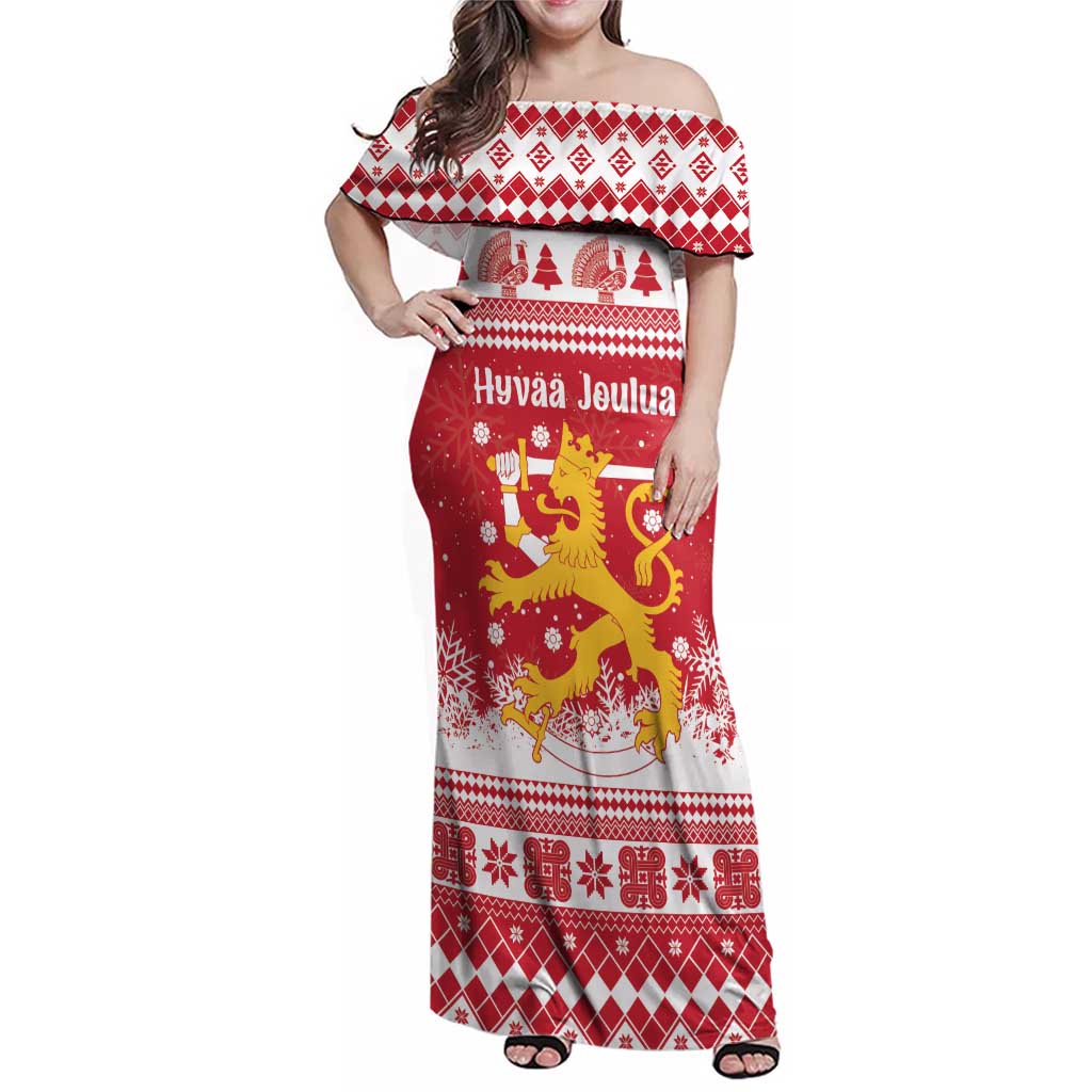 Finland Christmas Hannunvaakuna Family Matching Off Shoulder Maxi Dress and Hawaiian Shirt Hyvaa Joulua Nordic Snow Lion Red Version - Wonder Print Shop