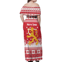 Finland Christmas Hannunvaakuna Family Matching Off Shoulder Maxi Dress and Hawaiian Shirt Hyvaa Joulua Nordic Snow Lion Red Version - Wonder Print Shop