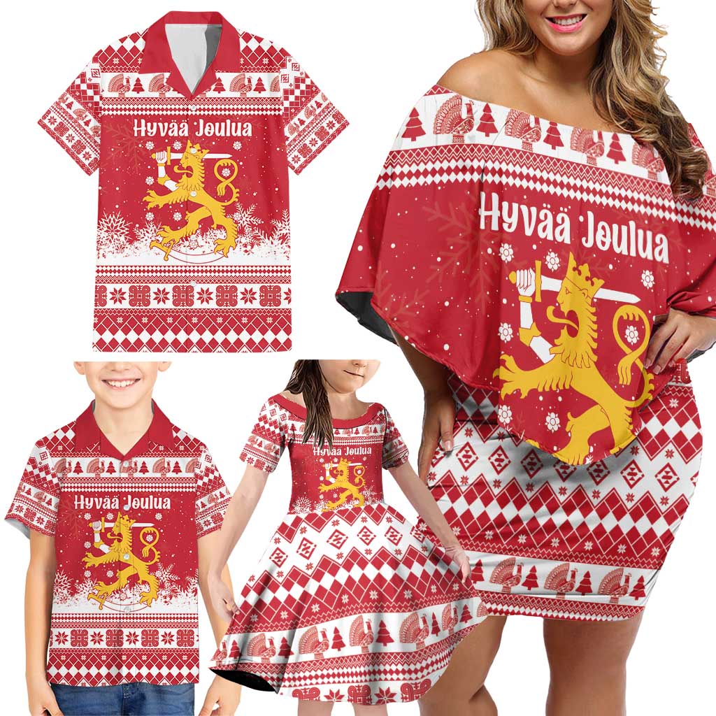 Finland Christmas Hannunvaakuna Family Matching Off Shoulder Short Dress and Hawaiian Shirt Hyvaa Joulua Nordic Snow Lion Red Version - Wonder Print Shop