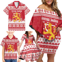Finland Christmas Hannunvaakuna Family Matching Off Shoulder Short Dress and Hawaiian Shirt Hyvaa Joulua Nordic Snow Lion Red Version - Wonder Print Shop