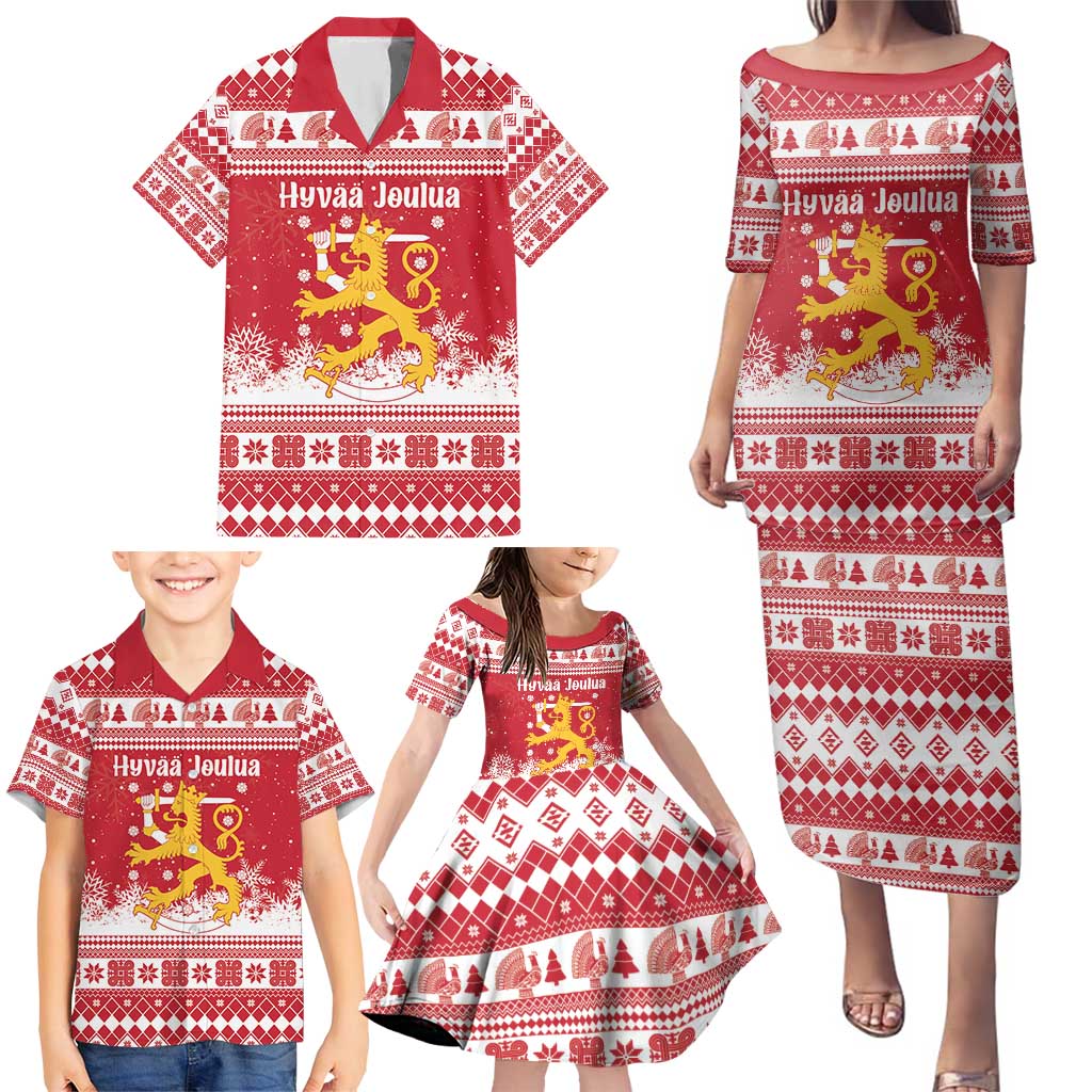 Finland Christmas Hannunvaakuna Family Matching Puletasi and Hawaiian Shirt Hyvaa Joulua Nordic Snow Lion Red Version - Wonder Print Shop
