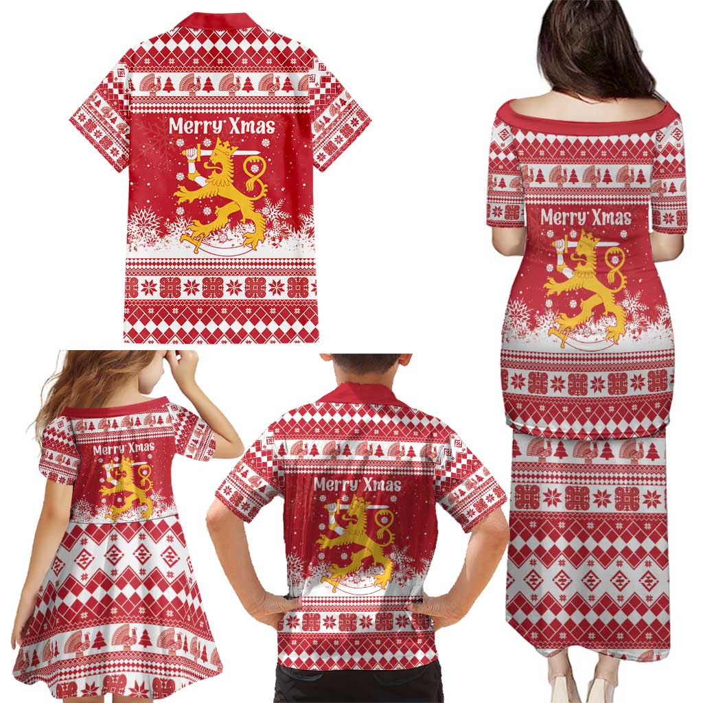 Finland Christmas Hannunvaakuna Family Matching Puletasi and Hawaiian Shirt Hyvaa Joulua Nordic Snow Lion Red Version - Wonder Print Shop