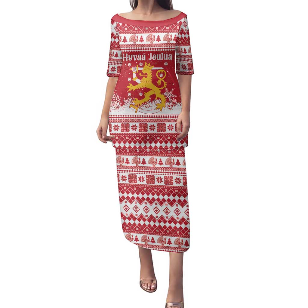 Finland Christmas Hannunvaakuna Family Matching Puletasi and Hawaiian Shirt Hyvaa Joulua Nordic Snow Lion Red Version - Wonder Print Shop