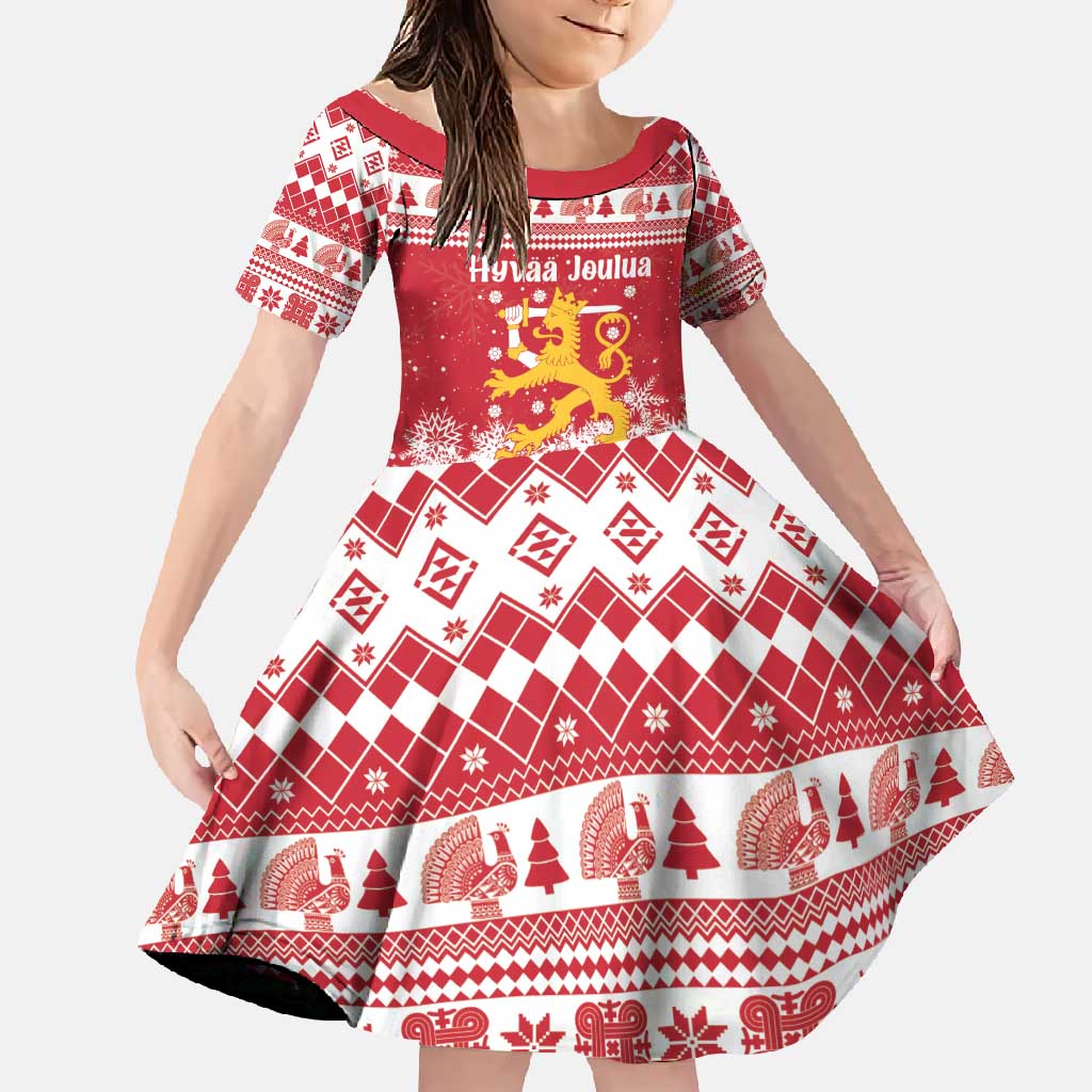 Finland Christmas Hannunvaakuna Family Matching Short Sleeve Bodycon Dress and Hawaiian Shirt Hyvaa Joulua Nordic Snow Lion Red Version - Wonder Print Shop