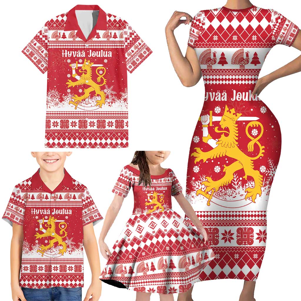 Finland Christmas Hannunvaakuna Family Matching Short Sleeve Bodycon Dress and Hawaiian Shirt Hyvaa Joulua Nordic Snow Lion Red Version - Wonder Print Shop