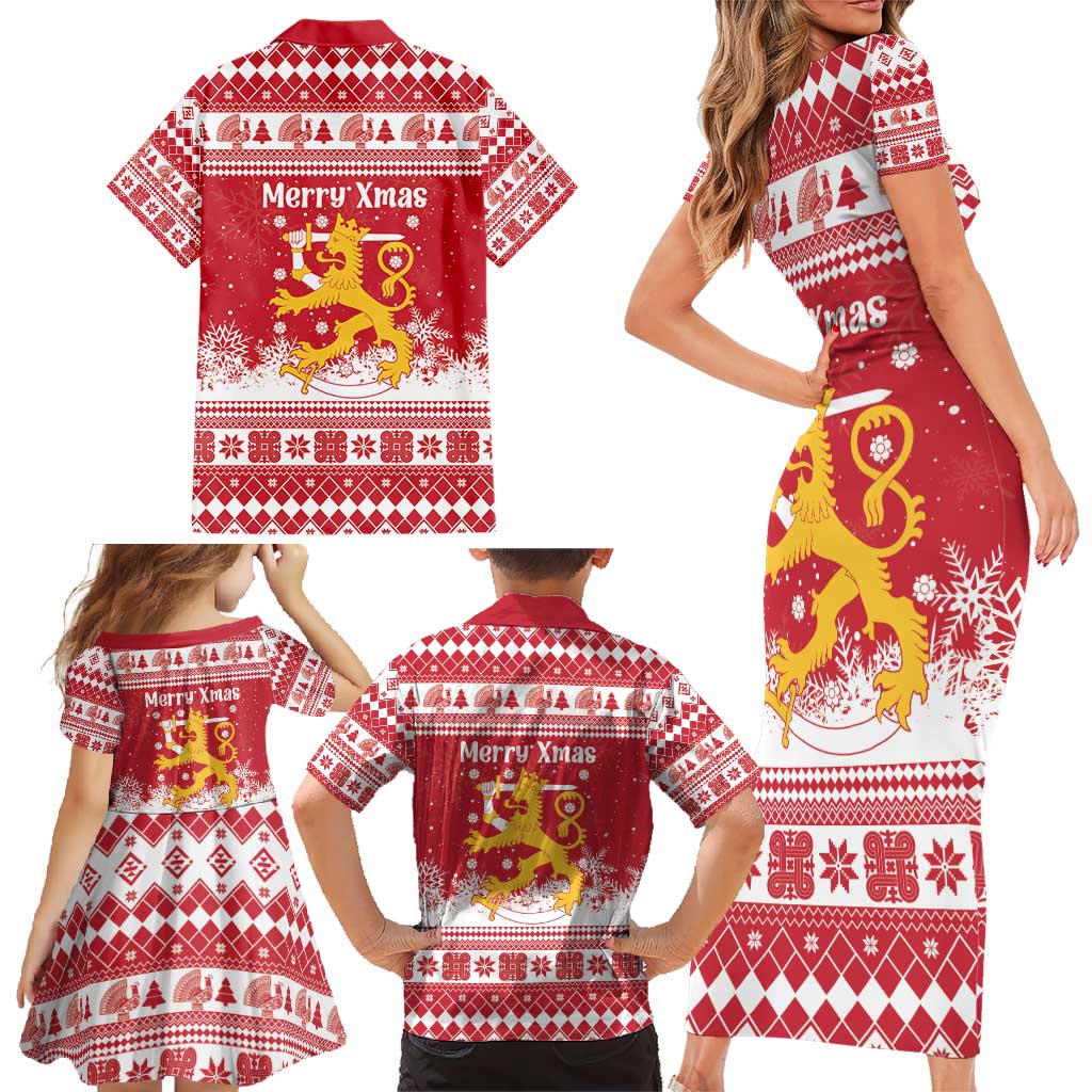 Finland Christmas Hannunvaakuna Family Matching Short Sleeve Bodycon Dress and Hawaiian Shirt Hyvaa Joulua Nordic Snow Lion Red Version - Wonder Print Shop
