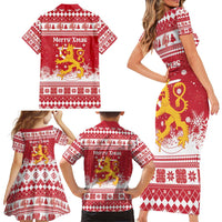 Finland Christmas Hannunvaakuna Family Matching Short Sleeve Bodycon Dress and Hawaiian Shirt Hyvaa Joulua Nordic Snow Lion Red Version - Wonder Print Shop