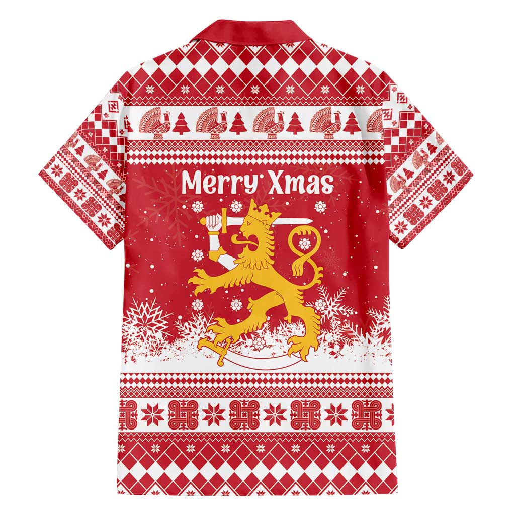 Finland Christmas Hannunvaakuna Family Matching Short Sleeve Bodycon Dress and Hawaiian Shirt Hyvaa Joulua Nordic Snow Lion Red Version - Wonder Print Shop