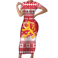 Finland Christmas Hannunvaakuna Family Matching Short Sleeve Bodycon Dress and Hawaiian Shirt Hyvaa Joulua Nordic Snow Lion Red Version - Wonder Print Shop