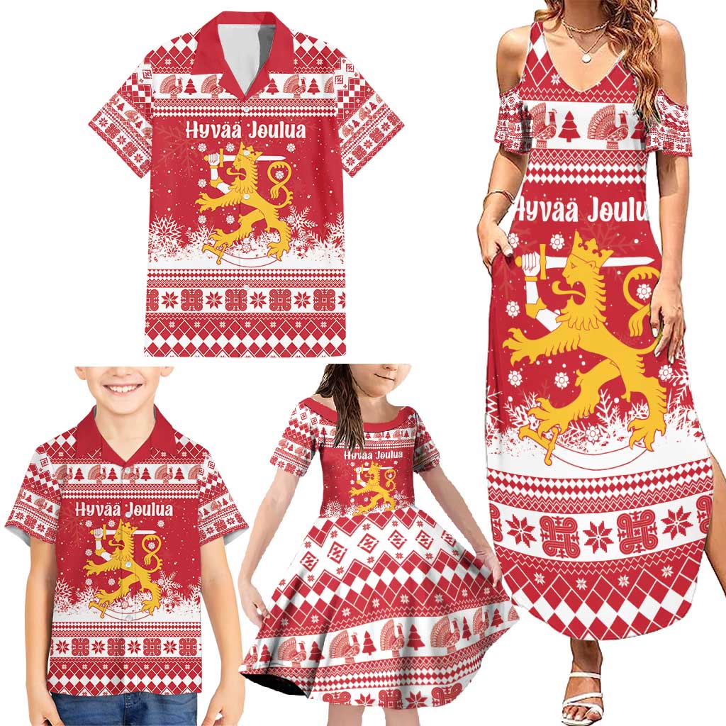 Finland Christmas Hannunvaakuna Family Matching Summer Maxi Dress and Hawaiian Shirt Hyvaa Joulua Nordic Snow Lion Red Version - Wonder Print Shop