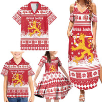Finland Christmas Hannunvaakuna Family Matching Summer Maxi Dress and Hawaiian Shirt Hyvaa Joulua Nordic Snow Lion Red Version - Wonder Print Shop