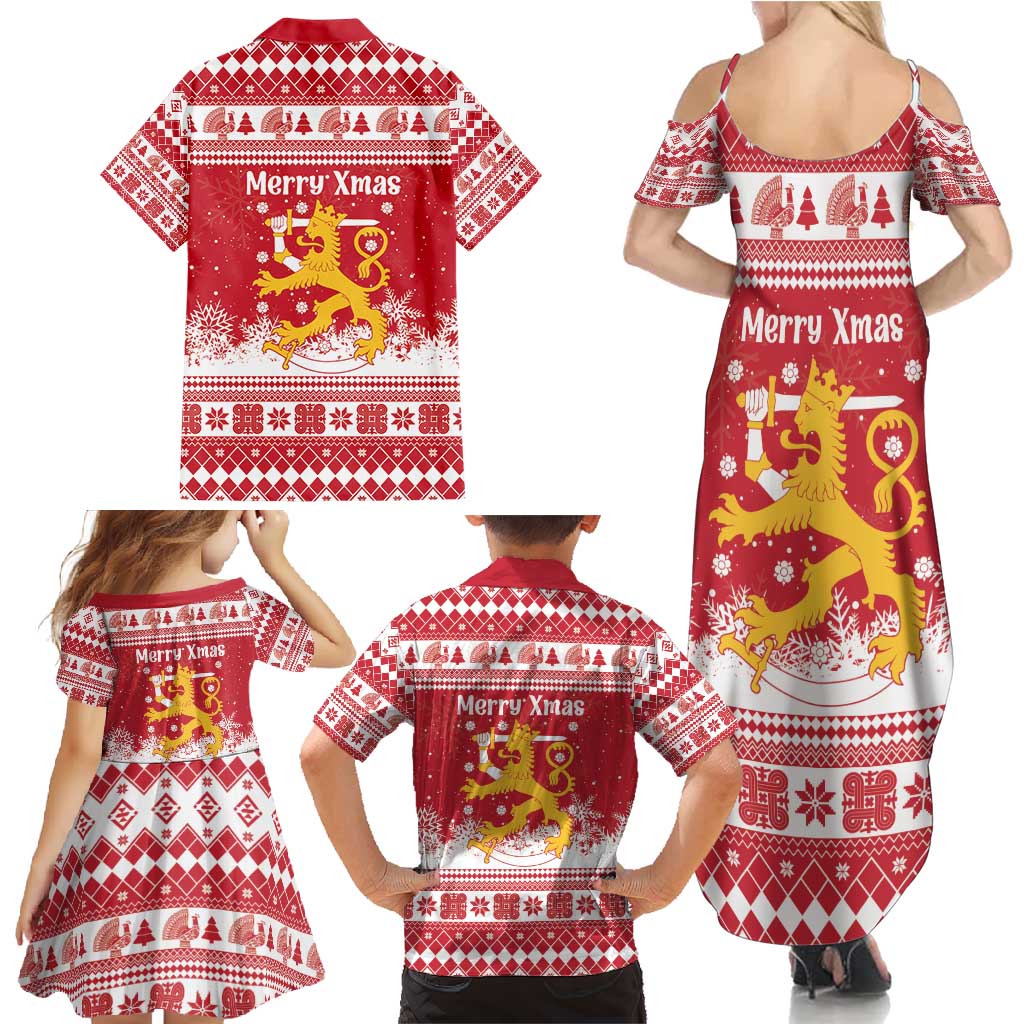 Finland Christmas Hannunvaakuna Family Matching Summer Maxi Dress and Hawaiian Shirt Hyvaa Joulua Nordic Snow Lion Red Version - Wonder Print Shop