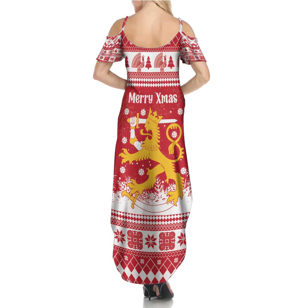 Finland Christmas Hannunvaakuna Family Matching Summer Maxi Dress and Hawaiian Shirt Hyvaa Joulua Nordic Snow Lion Red Version - Wonder Print Shop