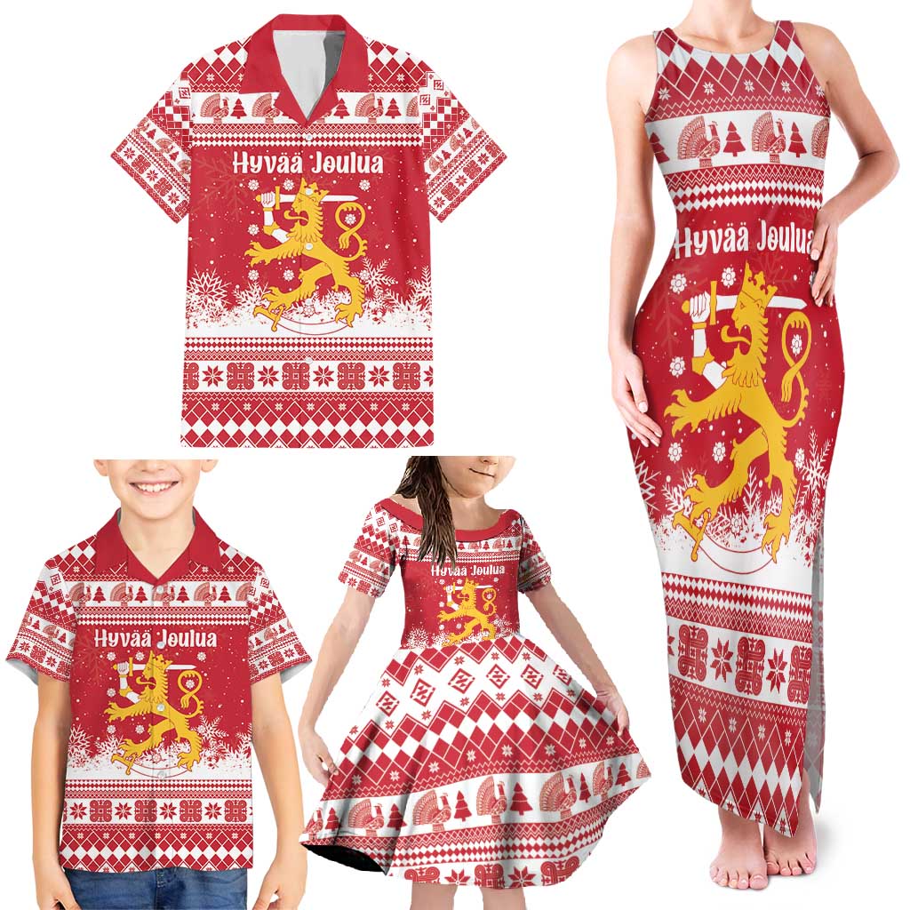 Finland Christmas Hannunvaakuna Family Matching Tank Maxi Dress and Hawaiian Shirt Hyvaa Joulua Nordic Snow Lion Red Version - Wonder Print Shop
